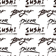 Sushi burger pizza lettering pattern and isolated hand drawing ink