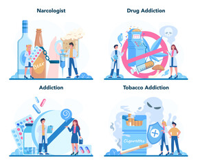 Narcologist concept set. Professional medical specialist. Drug and tobacco