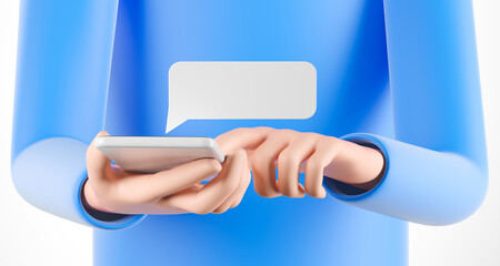 Front view cartoon man in blue shirt holding and using  smartphone with white message cloud over white background. Social network and future technologies concept.