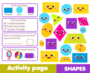 Geometric Shapes activity page for kids. Educational children game list for learning forms