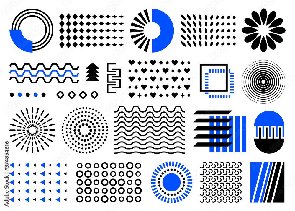 Poster design elements, abstract geometric shapes. set of black and blue memphis elements. collection of co