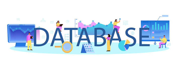 Data base typographic header. Female and male character working