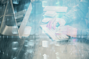 Double exposure of tech drawings with hands working on computer background. Concept of innovation.