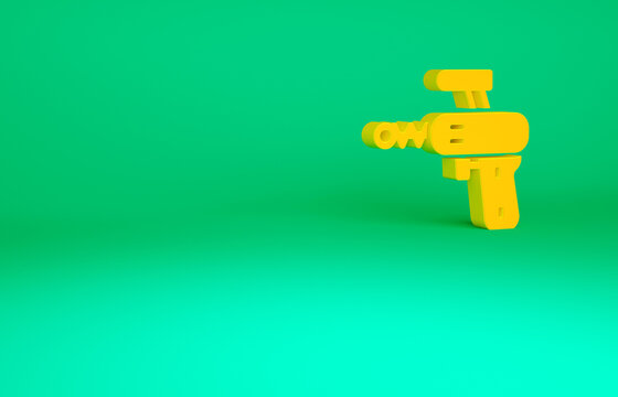 Orange Ray gun icon isolated on green background. Laser weapon. Space blaster. Minimalism concept. 3d illustration 3D render.