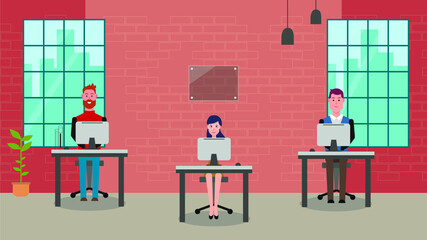 Working people. Workspace with brick walls