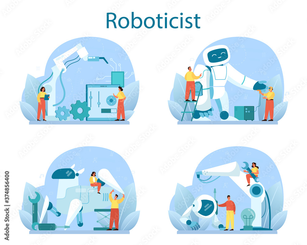 Poster roboticist concept set. robotic engineering and constructing