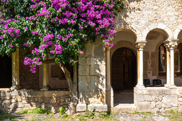 Sermoneta, Italy. June 28th, 2020. Valvisciolo Abbey. Internal cloister with wonderful bougainvillea bloom.