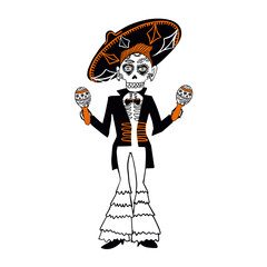 Day of the Dead. The skeleton in Mexican national costumes dance, play the maracas, guitar, violin, trumpet. Dia de los Muertos lettering. Vintage vector black engraving illustration 
