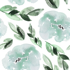 Seamless watercolor floral pattern in dusty robin egg blue and sage green. 