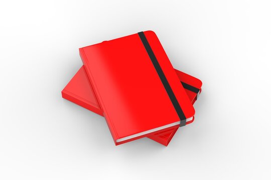 Red notebook with elastic band, round corner notepad mockup template on isolated white background, 3d illustration