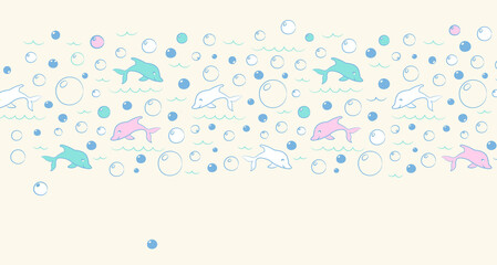 Dolphins and water bubbles sea background with empty space for text. Invitation card or greeting banner