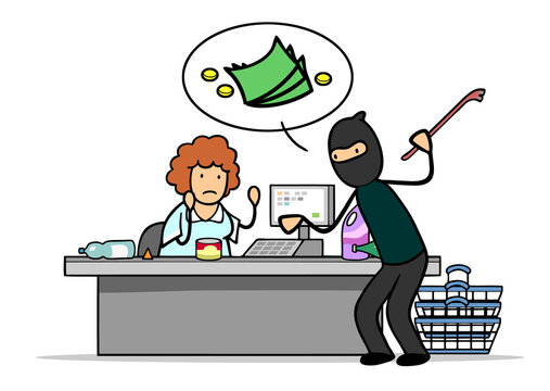recommend clip art: Verbrecher bei Überfall an Kasse im Supermarkt