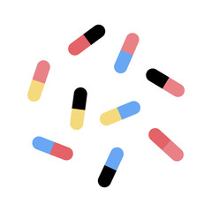 Tablets and pills. A set of objects for medical examination, treatment or diagnosis. Illustration. Flat style.