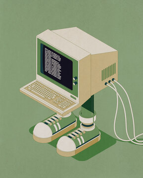 Funny vintage computer character with sneakers