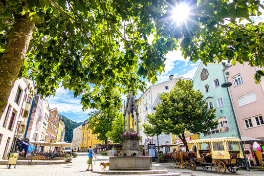 Kufstein, Austria - August 20: famous old town with historic buildings and murals in Kufstein on August 20, 2020