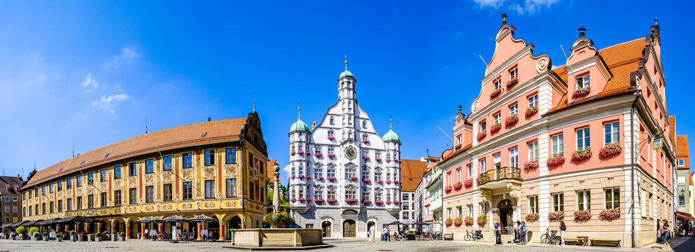 Memmingen, Germany - August 6: famous historic buildings at the old town of Memmingen on August 6, 2020
