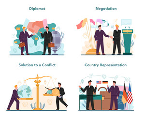 Diplomat profession set. Idea of international relations and government
