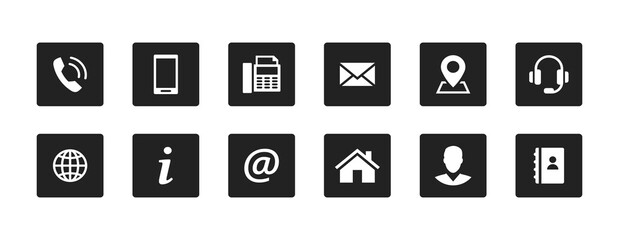 Set contact icons in a square. Black vector symbol elements.