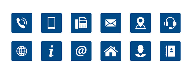 Set contact icons in a square. Blue vector symbol elements. - obrazy, fototapety, plakaty
