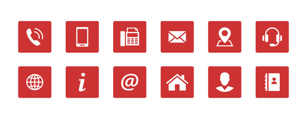 Set contact icons in a square. Red vector symbol elements.