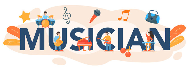 Professional musician typographic header. Young performer playing