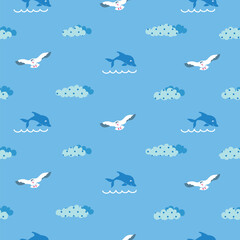 Sea seamless pattern with clouds, dolphins and seagulls on blue background 