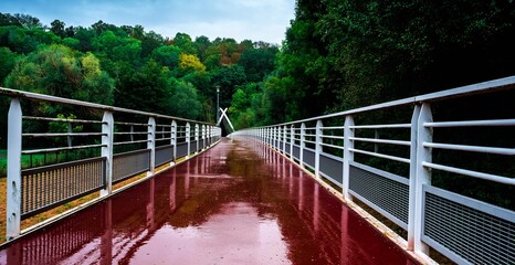 Obraz premium Bridge over the river on a rainy day in Melhouse, Alsace, France