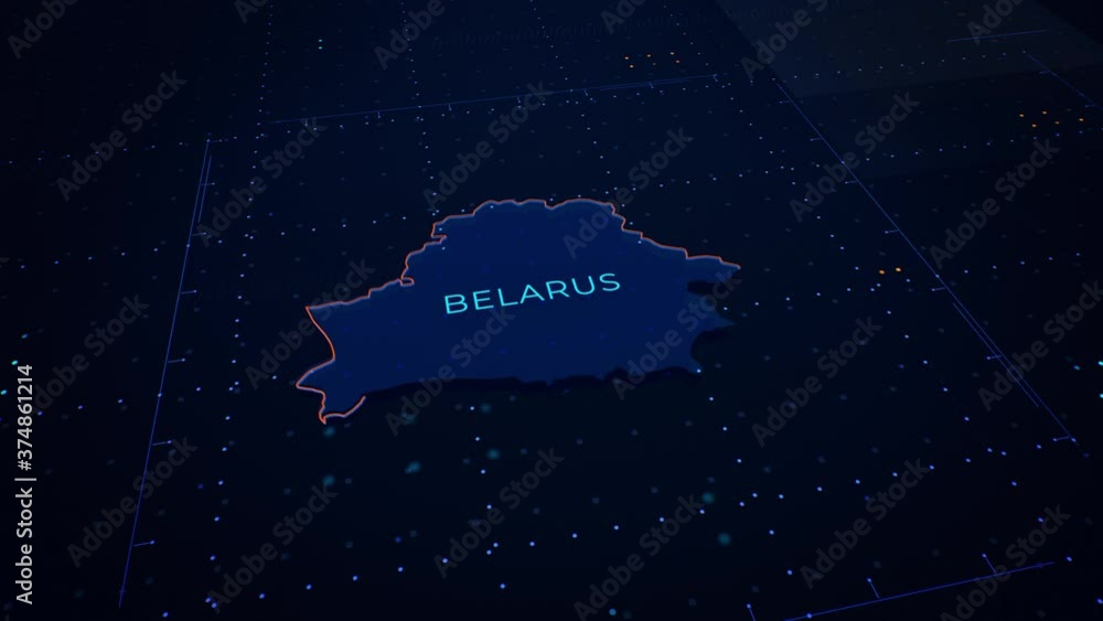 Poster 3d render of belarus map. camera flying through digital space.