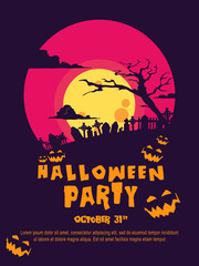 Halloween  background with tombstone, pumpkin, haunted house and full moon. Flyer or invitation template for Halloween party. silhouette Vector illustration.