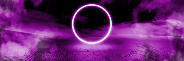 Lightning circle. Synth wave and retro wave, vaporwave futuristic aesthetics. Glowing neon style. Horizontal wallpaper, background. Stylish flyer for ad, offer, bright colors and smoke neoned effect.