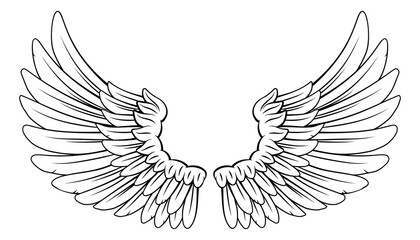 A pair wings like those of an angel or eagle with feathers