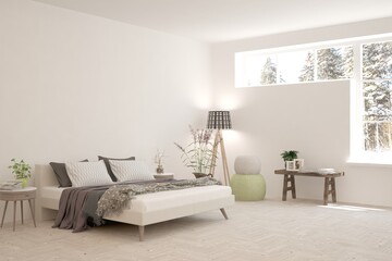 White bedroom interior. Scandinavian design. 3D illustration