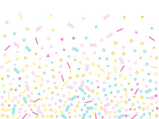 Memphis style geometric confetti background with triangle, circle, square, zigzag and wavy line