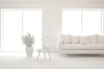 White minimalist living room with sofa. Scandinavian interior design. 3D illustration