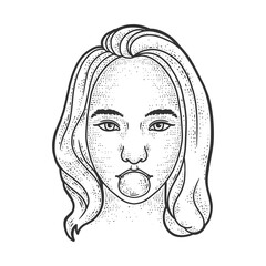 girl blows bubble gum sketch raster illustration
