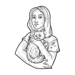 Woman with pet cat sketch raster illustration