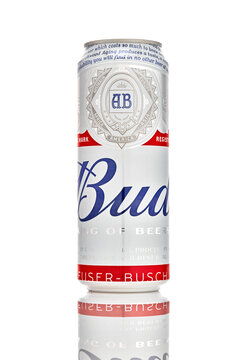 Beer Bud light, metal can, on a white background. Popular American Beer in a convenient package. King of beer. 21.06.2019, Rostov-on-Don, Russia.