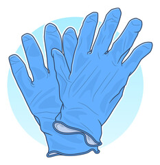 Fototapeta premium Blue latex medical gloves on the blue circle background. Personal virus protective medical equipment. 