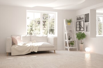 White living room with sofa. Scandinavian interior design. 3D illustration