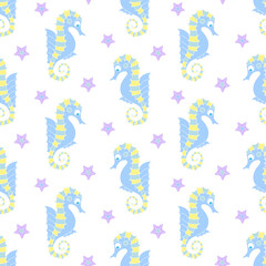 Sea seamless pattern with sea horses and starfishes on white background