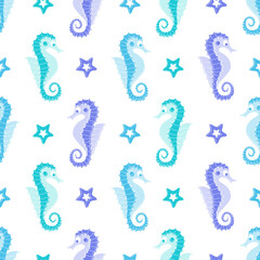 Sea horses and starfishes seamless pattern on white background © Iuliia Shkliar