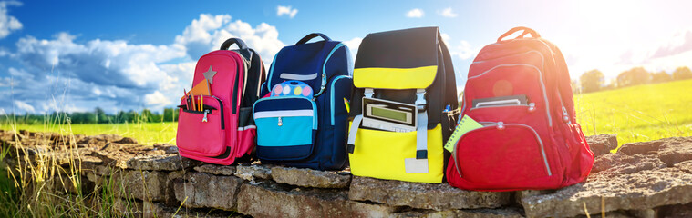 Colourful children schoolbags outdoors on the field - obrazy, fototapety, plakaty