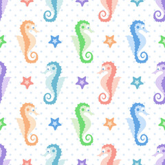 Obraz premium Sea horses and starfishes seamless pattern on spotted background