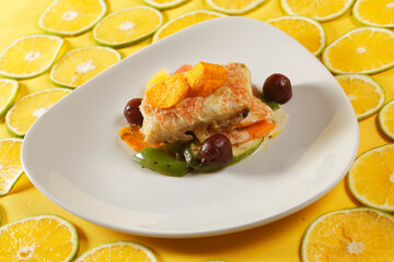 Roasted tilapia fish fillet with pumpkin, bell pepper, carrot, and orange, grapefruit, and lemon wedges.