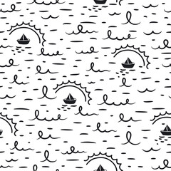 Sea waves seamless pattern with little ships and sun in childish style. Black and white