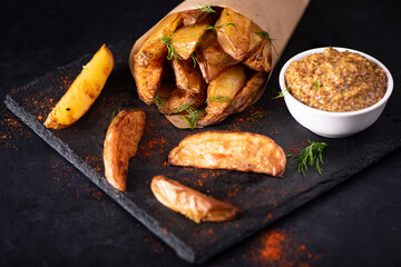 homemade fried potato slices with sauce