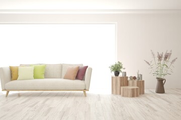 White living room with sofa. Scandinavian interior design. 3D illustration