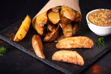 homemade fried potato slices with sauce