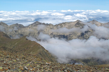 View from Montcalm peak, 3077 metres, Pyrenees, France.