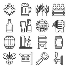 Beer and Alcohol Industry Icons Set on White Background. Vector